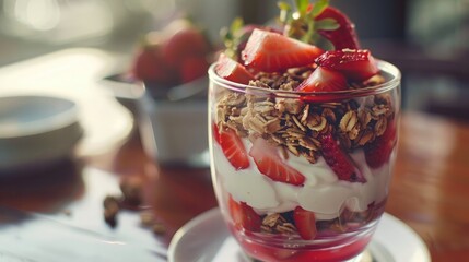 close-up of a strawberry parfait layered with yogurt and granola, offering a delicious and nutritious breakfast option.