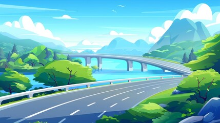 In the middle of a highway, there is an overpass road for an expressway. Sunny morning background with summer landscape with bridges, forests, lakes, and mountains. Modern cartoon illustration.