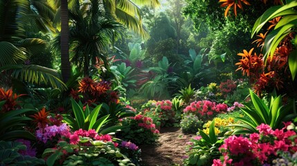 tropical paradise garden bursting with lush foliage and vibrant, exotic flowers.