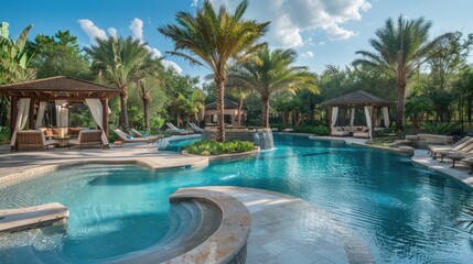 Fototapeta premium tropical pool oasis with palm trees and cabanas, the perfect getaway for relaxation.