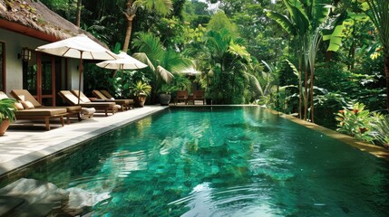 tranquil pool surrounded by lush greenery, offering a refreshing escape.