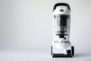 A powerful upright vacuum cleaner with a bagless design and HEPA filtration system isolated on a solid white background.