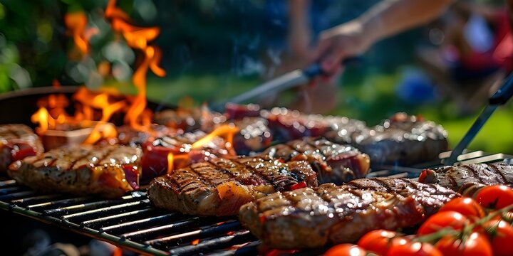 Background of people at barbecue party grilling steaks and meats outdoors. Concept Barbecue Party, Grilling Steaks, Outdoor Cookout, Socializing Outdoors, Summer Gathering
