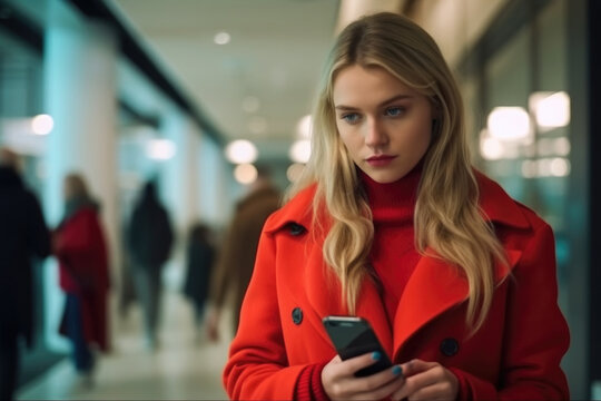 A woman in a red coat standing outdoors and focused on her phone screen - Powered by Adobe