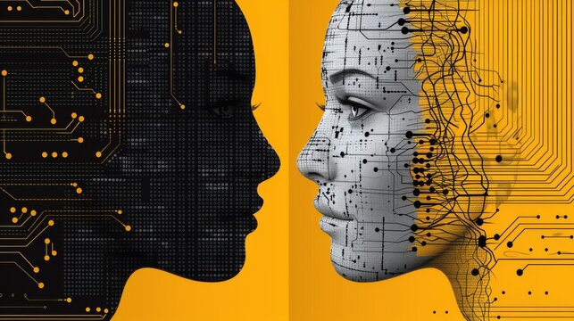 Two faces with circuit boards and wires coming out of them, AI