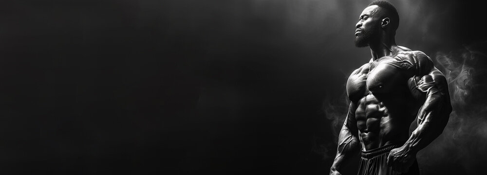 Bodybuilding fitness banner with muscular bodybuilder flexing muscles posing on black background