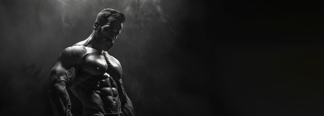 Bodybuilding fitness banner with muscular bodybuilder flexing muscles posing on black background