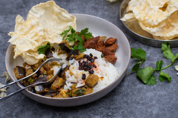 A vegan Indian rice bowl with tandoori seitan,  eggplant curry, papad.