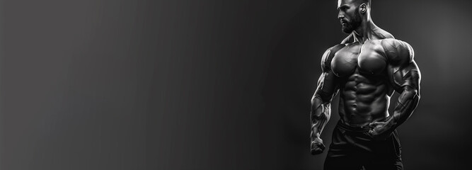Bodybuilding fitness banner with muscular bodybuilder flexing muscles posing on black background