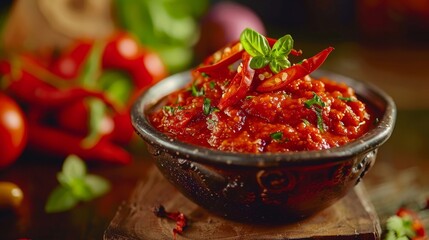 American cuisine. Spicy tomato sauce with habanero peppers. 