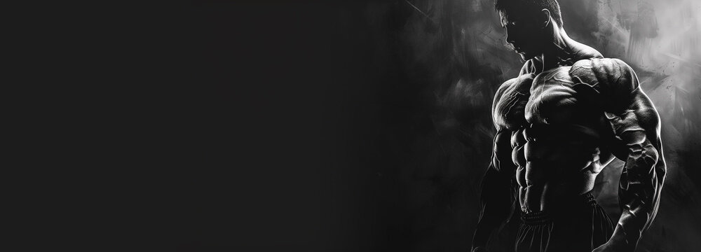 Bodybuilding fitness banner with muscular bodybuilder flexing muscles posing on black background