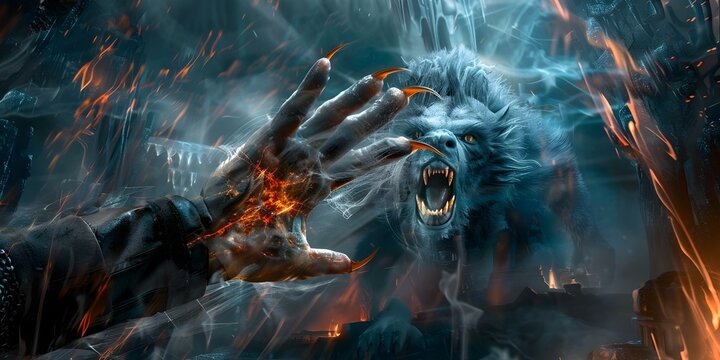 Blurry image of witchers hand with animal fangs in sorcerers laboratory. Concept Fantasy, Witcher, Sorcerer, Laboratory, Animal Fangs