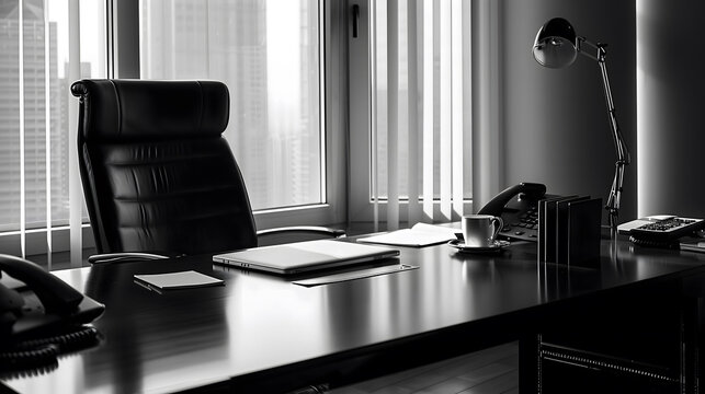 Elegant Boss&rsquo;s Desk in an Office, Tall Building Visible from Outside the Window