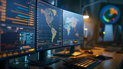 Meteorologist’s Desk Featuring Monitor Screens Showing Data and World Map