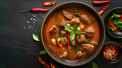 Thai red curry with lamb in a bowl on a black background