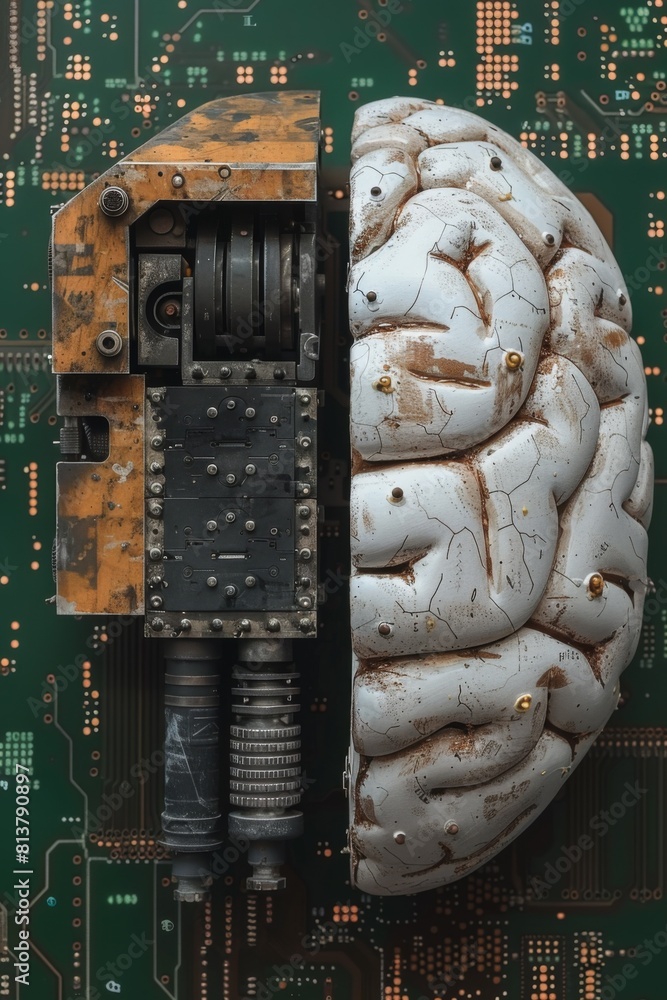 Aufkleber a close up of a robot with an artificial brain on top, ai