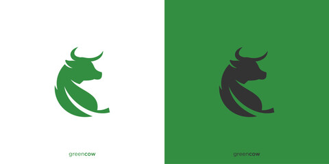 Green Cow Logo Design. Green Leaf with Cow Head Graphic Design. Farm Logo, Icon, Symbol, Vector, Design Inspiration. © oinbrand