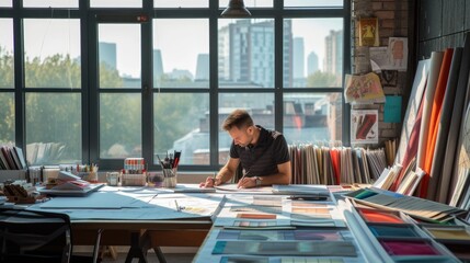 An interior designer is absorbed in evaluating various fabric samples spread across her studio table, with a backdrop of the cityscape outside. AIG41