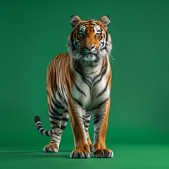 Obraz premium Full body of tiger on solid green screen background, fashion photography, evenly lighting