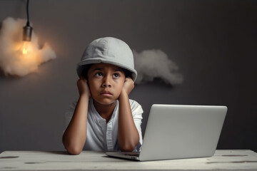 A young boy wearing a hard hat is seated at a desk, focused on his laptop screen