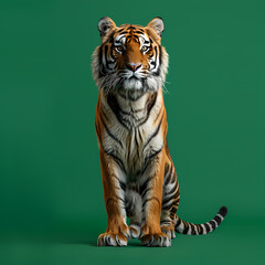 Full body of tiger on solid green screen background, fashion photography, evenly lighting
