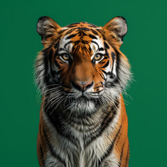 Fototapeta premium Full body of tiger on solid green screen background, fashion photography, evenly lighting