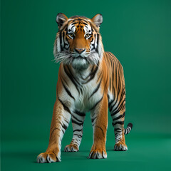 Obraz premium Full body of tiger on solid green screen background, fashion photography, evenly lighting