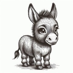 Obraz premium A detailed, monochromatic drawing showcasing a cute and friendly donkey, perfect for children’s books, educational materials, or art collections.