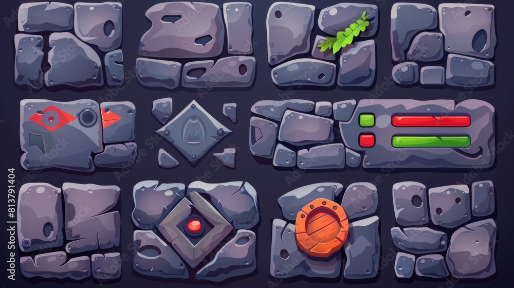 Aufkleber the stone game ui frames and buttons are isolated against a black background. modern cartoon illustr