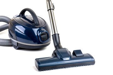 A powerful upright vacuum cleaner with a brush roll cleaner and a pet hair attachment isolated on a solid white background.