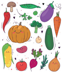 Bright colorfull vector set of different cute smiling vegetarian products: vegetables, mushrooms, beans, greenery. Hand drawn illustration of ingredient characters