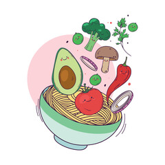 Bright colorfull vector illustration of bowl with noodles and different cute smiling vegetarian ingredients: vegetables, mushrooms, beans, greenery. Hand drawn illustration of veggie characters