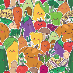 Bright colorfull vector seamless pattern of different cute smiling vegetarian products: vegetables, mushrooms, beans. Vegan friendly hand drawn pattern