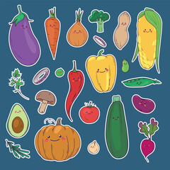 Bright colorfull vector set of different cute smiling vegetarian products: vegetables, mushrooms, beans, nut, greenery. Hand drawn illustration of ingredient characters on dark backgound