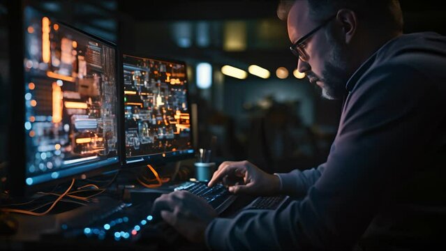Personal computer working of software developer , IT specialist with monitoring room and control of data center
