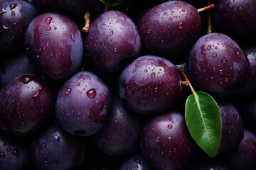 Close-up of fresh, ripe, juicy plums with water droplets and dew on the shiny, wet skin, showcasing their natural, healthy, and organic qualities