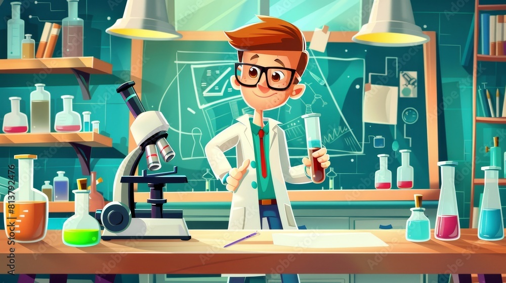 Poster student character in university laboratory during invention potion experiment cartoon modern backgro