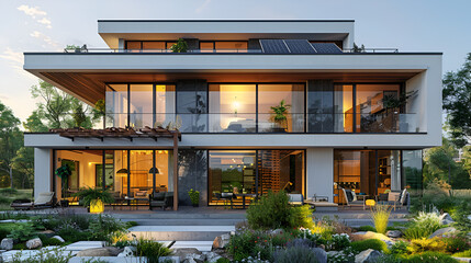 Modern House with Solar Panels on a Transparent,
Front view of modern house Contemporary modular house with open view concept Modern home exterior
