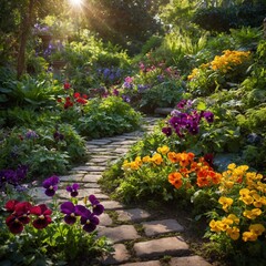 Lush garden path bathes in sunlight filtering through foliage, leading eye towards hidden alcove. Vibrant flowers in hues of purple, yellow, orange bloom profusely along stone-laid walkway.