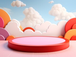 A round pink stage with clouds and hearts on it. Mockup