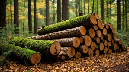 Stack of freshly cut logs takes center stage, surrounded by tranquil forest. Logs bear cover of green moss, suggesting considerable duration since their placement. Dry, brown leaves scatter ground.