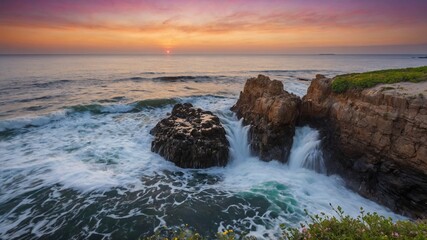Fototapeta premium Breathtaking scene unfolds as waves crash against rugged rocks under sky painted with hues of orange, purple. Setting sun casts warm glow over serene ocean, enhancing beauty of cascading foamy water.