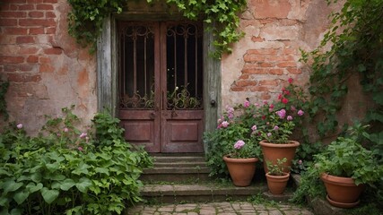 Old wooden door with intricate ironwork designs embedded in weathered brick wall. Ivy covers parts of wall, door frame, creating natural aesthetic.