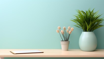Minimalistic workspace with a pastelcolored desk lamp, notebook, and potted plant, isolated on a light background with copy space