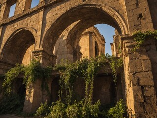 Fototapeta premium Sunlight illuminates ancient, stone archway structure, casting shadows, highlighting intricate details of worn stones. Vines, greenery crawl up sides, weaving through cracks, crevices.