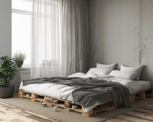 serene bedroom setup with a wood pallet bed by a large window with sheer curtains