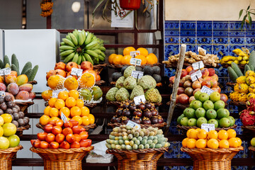 Variety of fruit at the farmers market in Funchal, Madeira