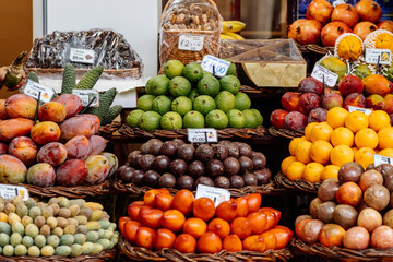 Variety of fruit at the farmers market in Funchal, Madeira