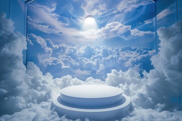 Product podium in a heavenly theme, clouds and ethereal lighting, ideal for showcasing angelic designs