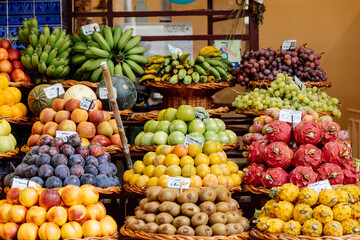Variety of fruit at the farmers market in Funchal, Madeira